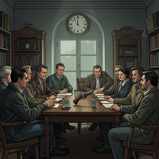 The Murder Game Turns Real from "A Murder Is Announced". A familiar parlour-game script provides the cover for an actual killing, then becomes a framework for reconstructing the crime.