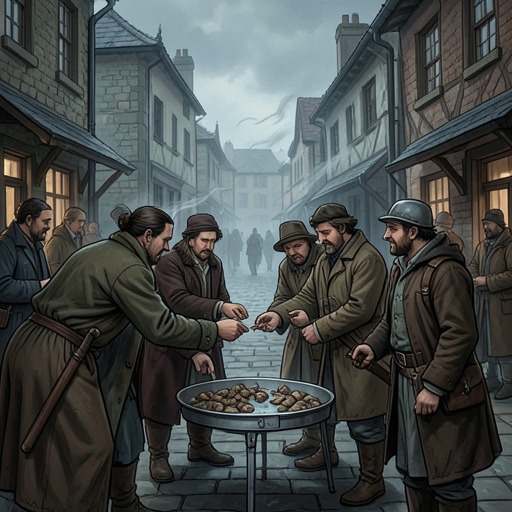 Post-War Scarcity and Security from "A Murder Is Announced". Shortages, informal exchanges, and disrupted social structures form the everyday background against which the village tries to decide whom it can trust.
