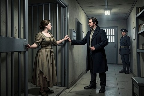 杜布瓦纵火劫狱并带Therese越狱 from "Justine". Dubois’s prison fire and escape with Therese reverse the apparent verdict of her trial: after Therese is condemned on fabricated evidence, a criminal act saves…