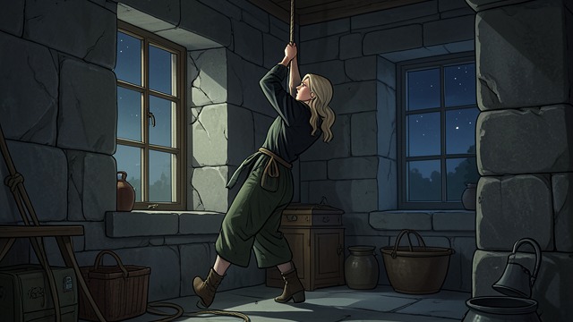 The Window Descent from "Justine". The Window Descent Outside the room Justine slips through the cut bars and lowers herself from the pavilion.