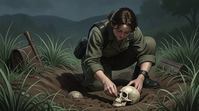 The Hidden Dead from "Justine". The Hidden Dead A burial ground discovered Justine enters soft earth and touches a human skull, realizing that the grounds conceal bodies.