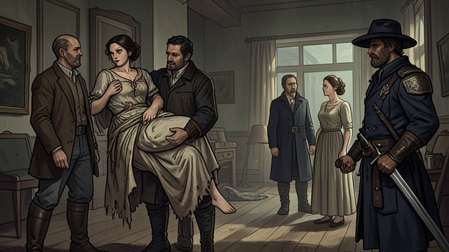 An Arrested Traveler from "Justine". An Arrested Traveler An unexpected arrival Madame de Lorsange and Monsieur de Corville see a bound woman brought from a Lyon trial.