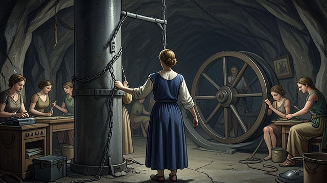Life at the Wheel from "Justine". Life at the Wheel Labor imposed Justine is chained beside other women and ordered to work a wheel for long hours.