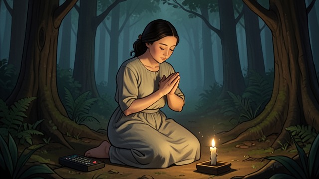 神意与恶的问题,《贾斯蒂娜》中的场景。信仰作为慰藉 背叛之后的祈祷 圣弗洛朗抛下受伤且被洗劫一空的朱斯蒂娜后,她在森林中转向祈祷。当人世间的庇护已然失效,信仰便成为她支撑下去的力量。 难以释怀的感恩 她将自己幸存下来视为神明眷顾的证据,同时也承认自己的选择使她一次次陷入苦难。慰藉与困惑之间的矛盾,伴随着她度过后来的危机。