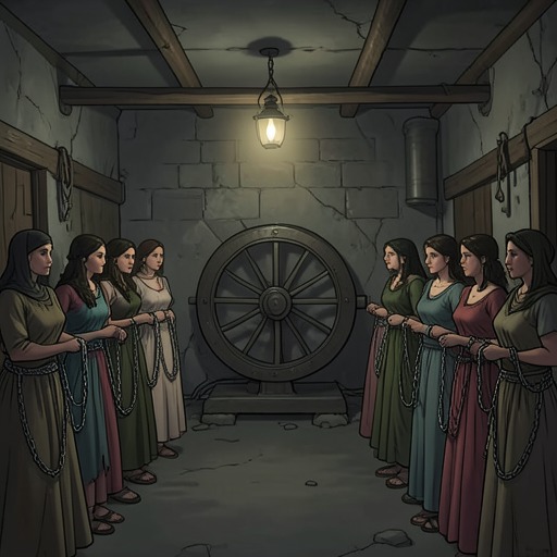 The Counterfeiting Stronghold from "Justine". This flow follows Justine’s passage from a compassionate rescue to enslavement in Roland’s criminal establishment and eventual release after a raid.
