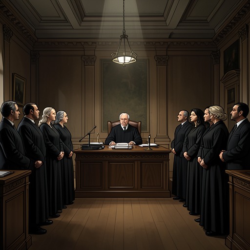 The False Trial in Lyon from "Justine". This flow traces how personal enemies and corrupt officials convert Justine’s history into a chain of false testimony and a death sentence.