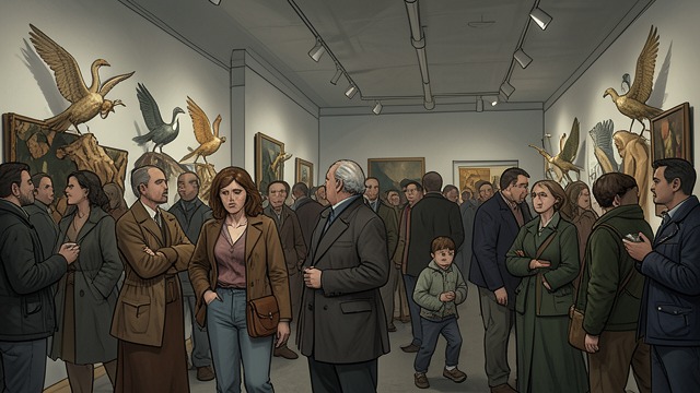 克莱尔看不见的未来,《时间旅行者的妻子》中的场景。展览与消失 克莱尔的艺术得到认可 她的展览以精巧繁复的鸟类雕塑装点了芝加哥文化中心,吸引了家人、同事和朋友前来。人群之中,克莱尔看起来事业有成,却疲惫不堪。 亨利在庆祝活动中消失 阿尔芭正问妈妈在哪里时,亨利突然消失了。克莱尔发现女儿和理查德在一起,并听说亨利不见了,于是这场公开的成功庆典再次变成一段等待。