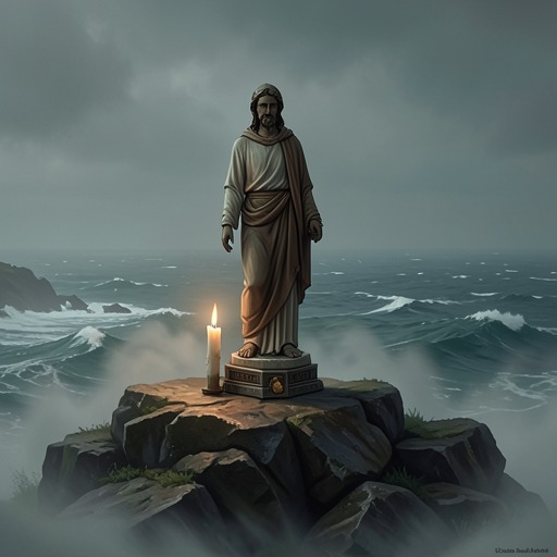 The Final Image of the Saint from "Blood Canticle". The humble Saint Juan Diego statue links Lestat’s spiritual longing to Oberon’s survival and offers a small counterpoint to the island’s violence.