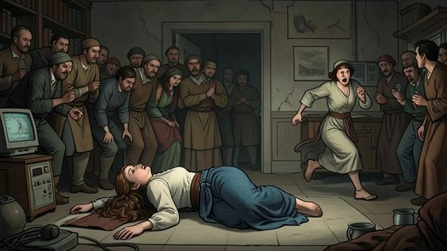 Ivanka Collapses from "Felix Austria". A False Death Panic in the pavilion Ivanka groans, turns gray, and falls to the floor. Stefania believes the shock has killed her and flees in terror.