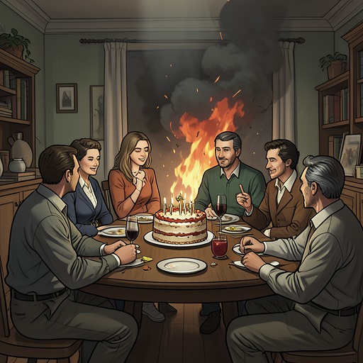 The Final Birthday Catastrophe from "Felix Austria". This flow traces the birthday celebration from an attempted reinvention of domestic life to accusation, mistaken guilt, and fire.