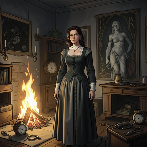 The Last Image of Release from "Felix Austria". This flow traces the final fire’s convergence of the watch, stolen relics, the stone woman, and Stefania’s uncertain visions of escape.