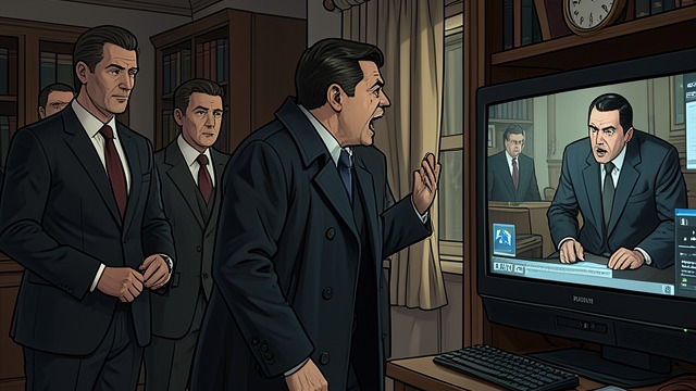 The Staged Protest from "Inherent Vice". A Public Performance A Manufactured Dissenter Coy appears on television shouting at Nixon and is seized by suited men.