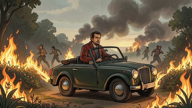 Gardener Escapes the Yard from "The Tommyknockers". Gardener Escapes the Yard A narrow path through fire Gardener drives the Tomcat through his burning garden while residents pursue him.