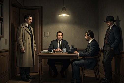 The Police Conference from "The Big Sleep". Ohls brings Marlowe and Lundgren to Taggart Wilde’s house, where Captain Cronjager is already investigating Brody’s death.