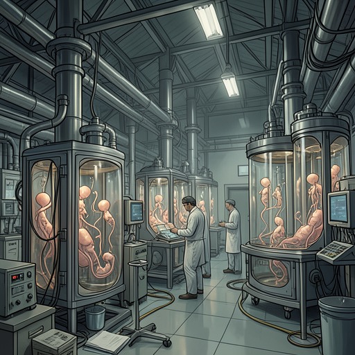 The Factory of Predestined Lives from "Brave New World". The World State’s industrial reproduction system turns human beginnings into standardized, economically assigned lives.