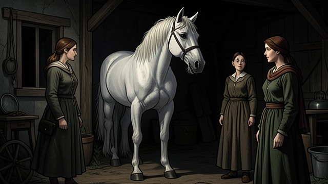 The Animal Appears from "The House of Bernarda Alba". The Animal Appears White Against Darkness Adela describes the stallion as white and enlarged within the dark yard.