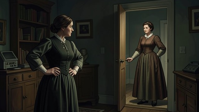 The Door Opens from "The House of Bernarda Alba". The Door Opens Discovery and Grief Poncia pushes open the locked door and realizes that Adela has hanged herself.