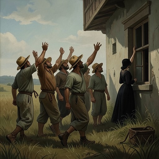The Harvesters Beyond the Window from "The House of Bernarda Alba". The passing harvesters embody the open, physical world that the daughters desire and make the contrast between male freedom and female confinement unmistakable.