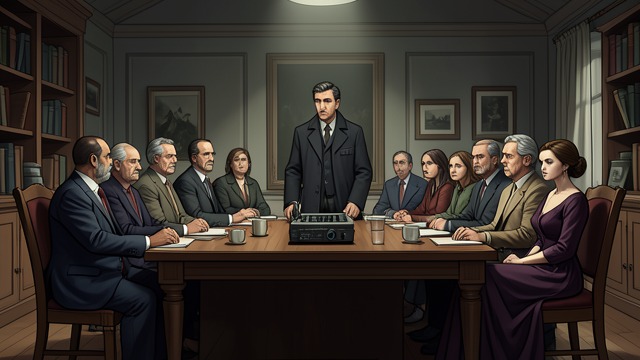 The Final Assembly from "The Secret of Chimneys". Everyone Returns Anthony Cade summons the political and investigative figures to the council chamber for a final explanation.