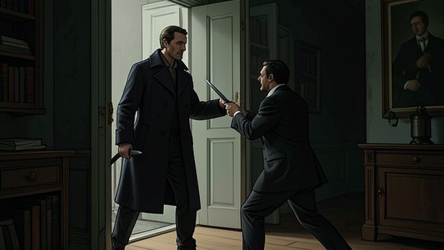 The Night Attack from "The Secret of Chimneys". A Knife in the Room Giuseppe Manelli enters Anthony Cade’s room through a balcony and attacks him with a knife.