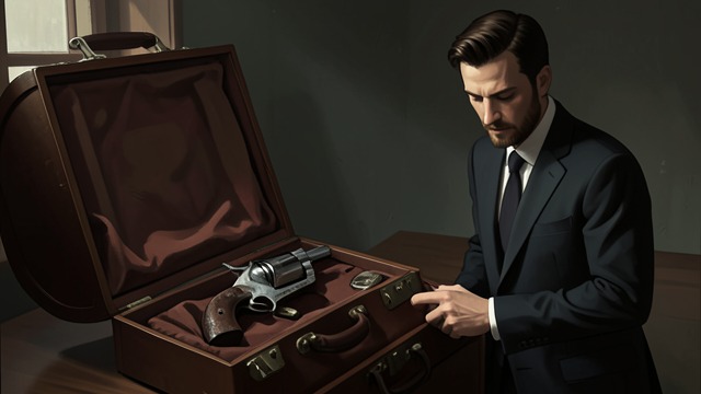 A Gun Changes Owners from "The Secret of Chimneys". The Revolver Reappears The missing murder weapon is found in Herman Isaacstein’s suitcase, apparently tying him to the crime.