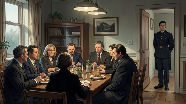 The Routine of Surveillance from "The Secret of Chimneys". Watching the Guests Battle interviews residents and monitors the suspicious stranger at the inn while the guests continue meals and social routines.