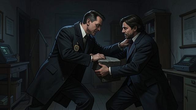 The Apparent Capture from "The Secret of Chimneys". A Fight in the Dark Virginia Revel and Bill Eversleigh help Anthony Cade seize the man searching the council chamber.