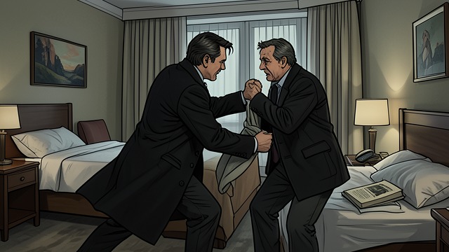 The Stolen Parcel from "The Secret of Chimneys". The Waiter’s Attack Giuseppe Manelli breaks into Anthony Cade’s hotel room and fights him with a knife.