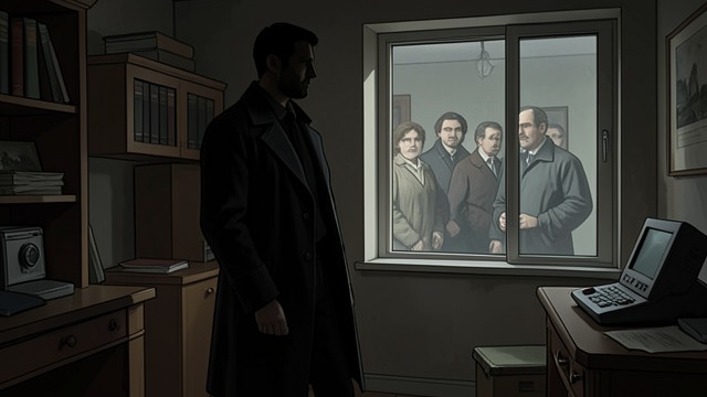A Watchful Colleague from "The Secret of Chimneys". Undercover Observation M. Lemoine monitors the council chamber and the French governess while Superintendent Battle investigates the murder.