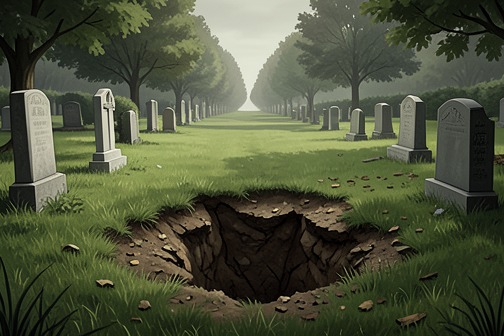 Discovery of the grave hole at Homeland Cemetery from "The Dark Half". The discovery of the grave hole at Homeland Cemetery is the first concrete sign that someone has emerged from the earth and left the cemetery.