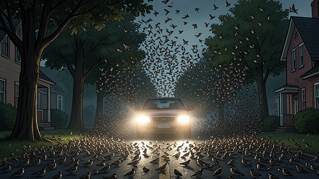 亡灵引路者与死者,《黑暗的另一半》中的场景。羽毛覆盖的房子 活着的景观 鸟群覆盖了道路、树木和邻近的房屋。它们只让开一条刚好能让萨德的车通过的路,使他的到来显得像是获准进入,而不是自行选择。 死亡的领地 麻雀让湖边的道路仿佛成了一个已被死者占据的世界。萨德明知自己无法安全折返,仍然走了进去。