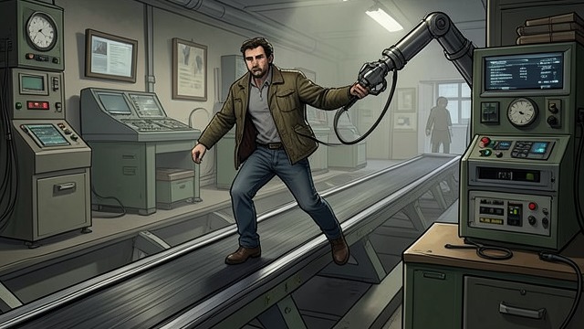 A Near Man-Jam from "The Caves of Steel". A Near Man-Jam One misstep from disaster A passenger strikes Baley as he exits a moving platform.