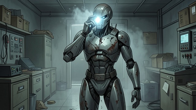 The Alphasprayer Attack from "The Caves of Steel". The Alphasprayer Attack A robot deactivated Anthony Gerrigel finds R. Sammy in a photographic supply room with an Alphasprayer against its head.