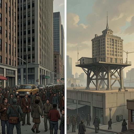 The City and Spacetown Divide from "The Caves of Steel". The uneasy political relationship between Earth and the Outer Worlds moves from cultural resentment toward a fragile opening for cooperation.