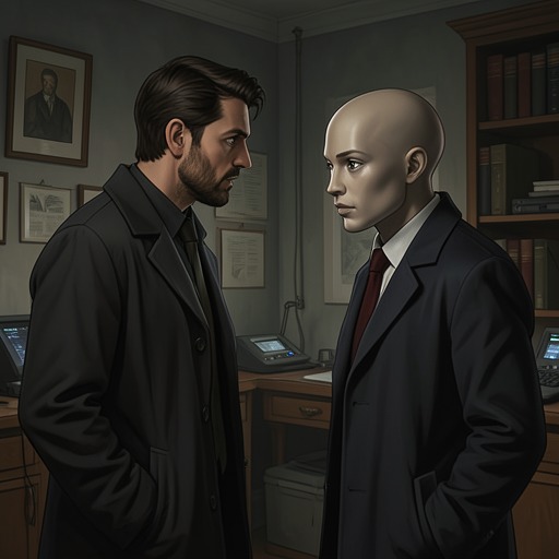 The Human and the Machine from "The Caves of Steel". The story tests where human identity lies when robots can look, remember, reason, and work like people but lack human experience.