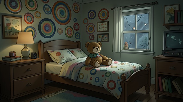 The Child’s Bedroom from "You Should Have Left". The Child’s Bedroom A Designed Room Esther sleeps in a room decorated with colored circles and a new teddy bear.