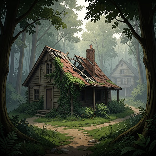 The House as Historical Residue from "You Should Have Left". This flow traces the Vacation House backward through demolished buildings, vanished visitors, and uncertain legend.